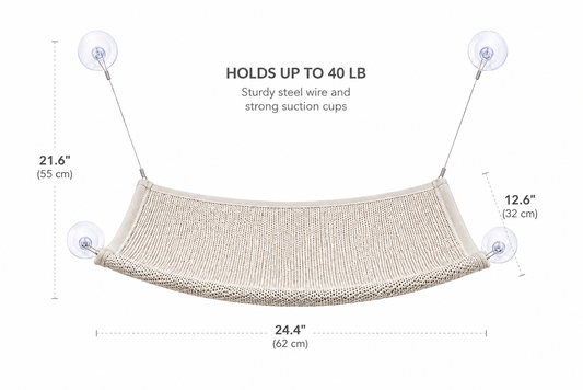Beige mesh hammock with suction cups, dimensions labeled, holding up to 40