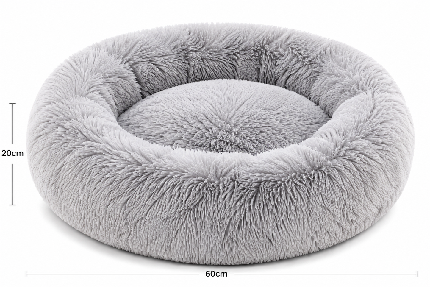 Plush gray round dog bed with high walls and a soft, fluffy interior
