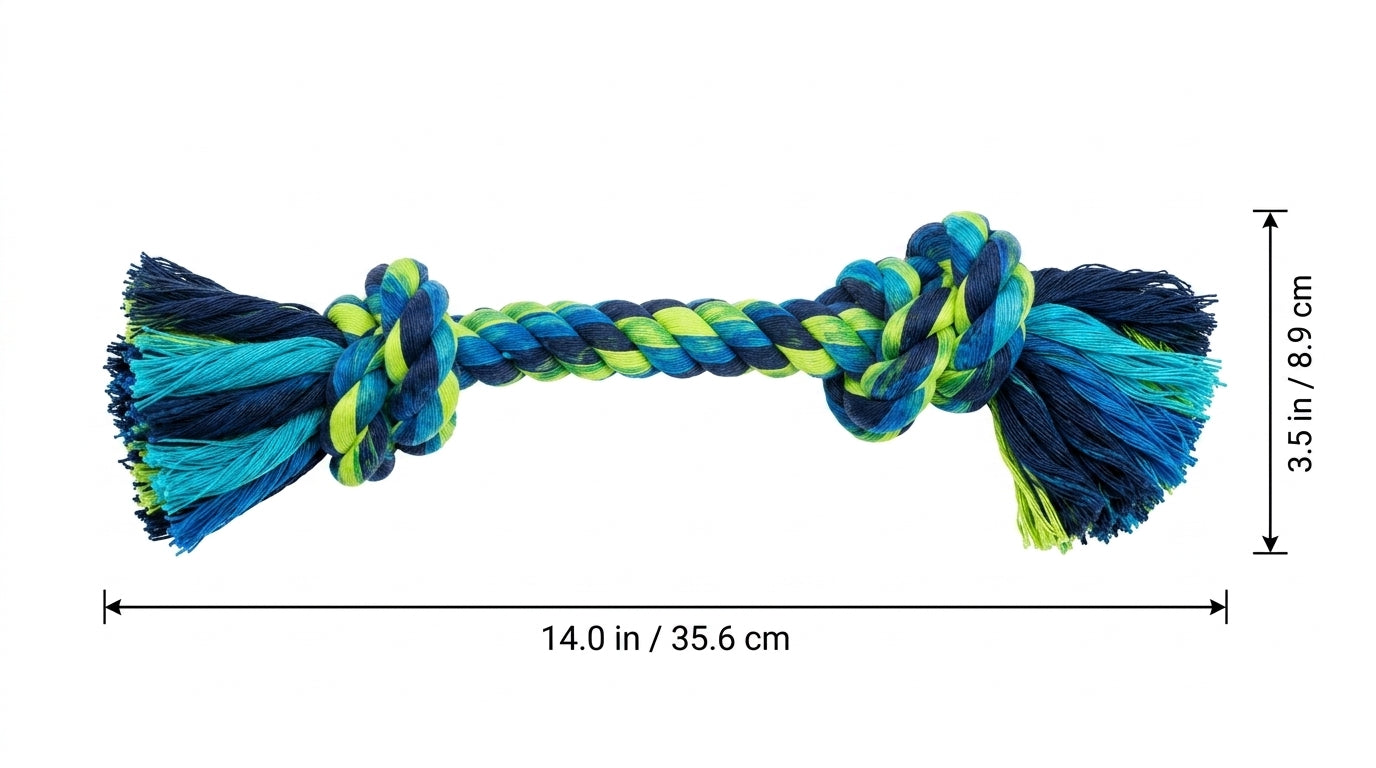 Colorful braided rope dog toy with tassels and measurements in inches.
