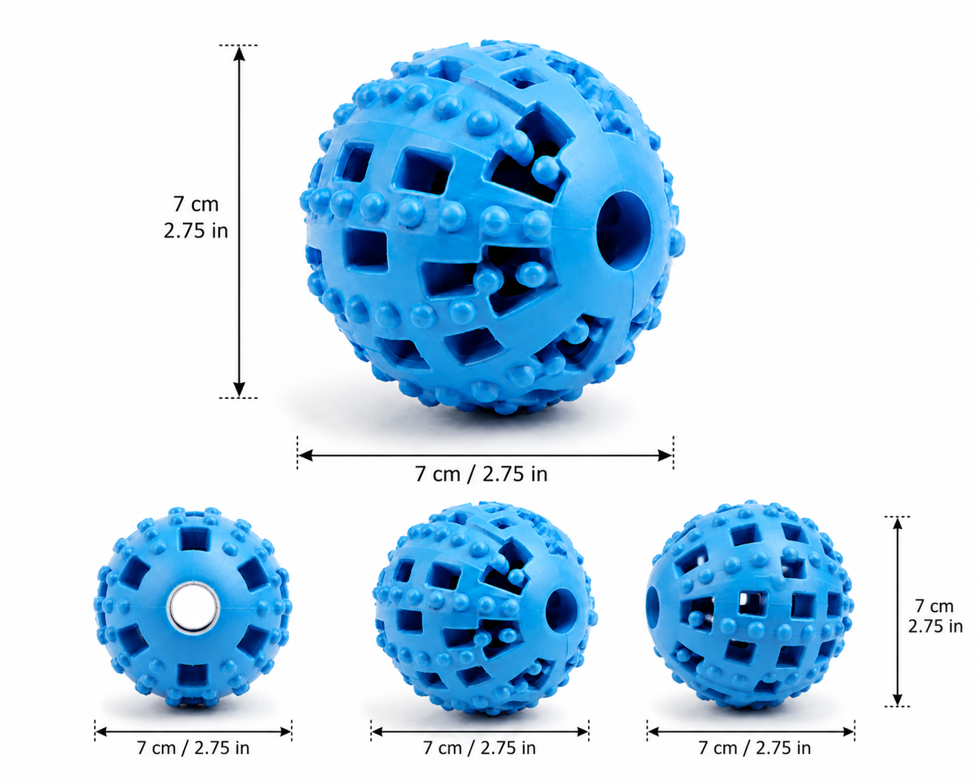 Blue textured spherical object with various sizes displayed in a white