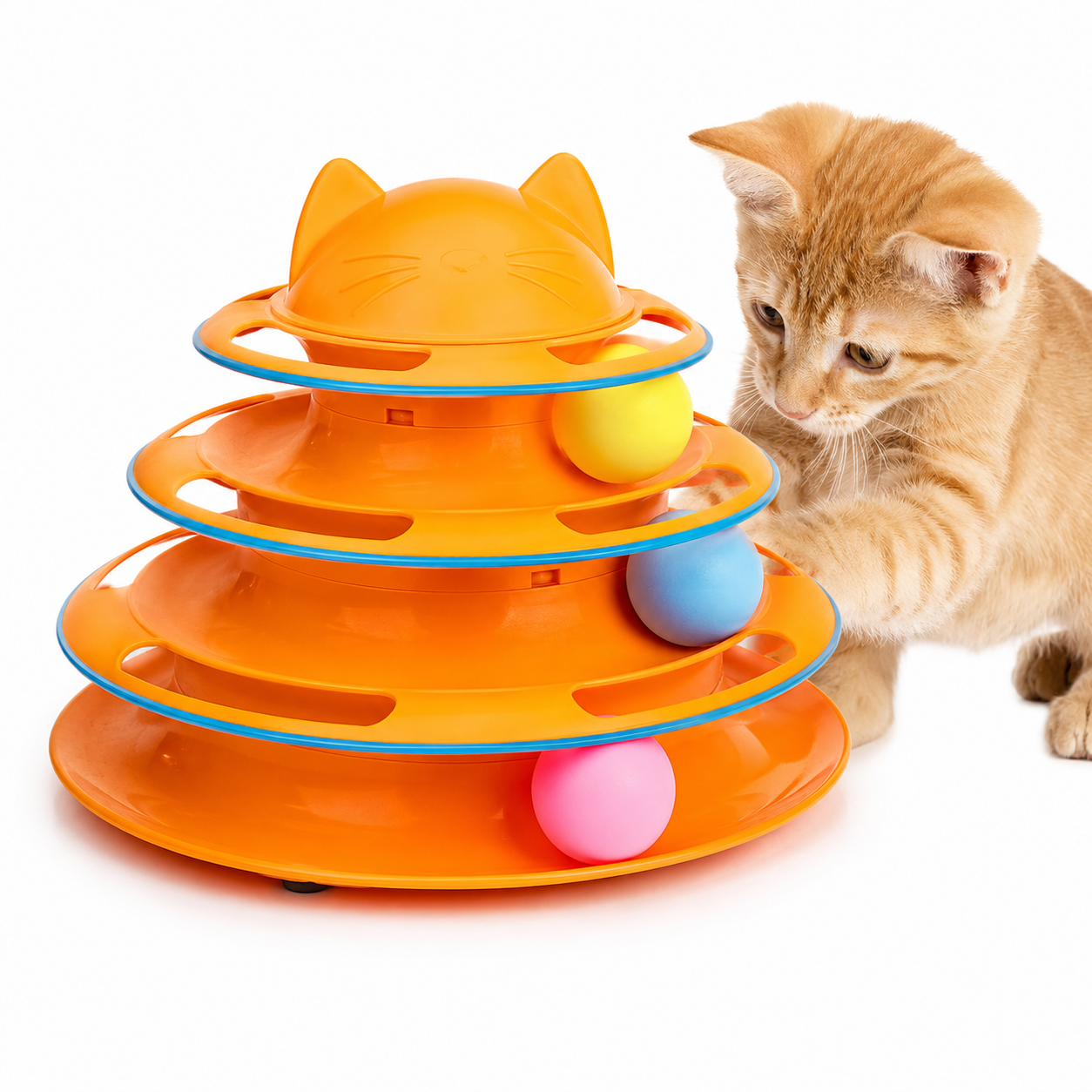 Playful cat engaging with a multi-tiered orange and blue cat