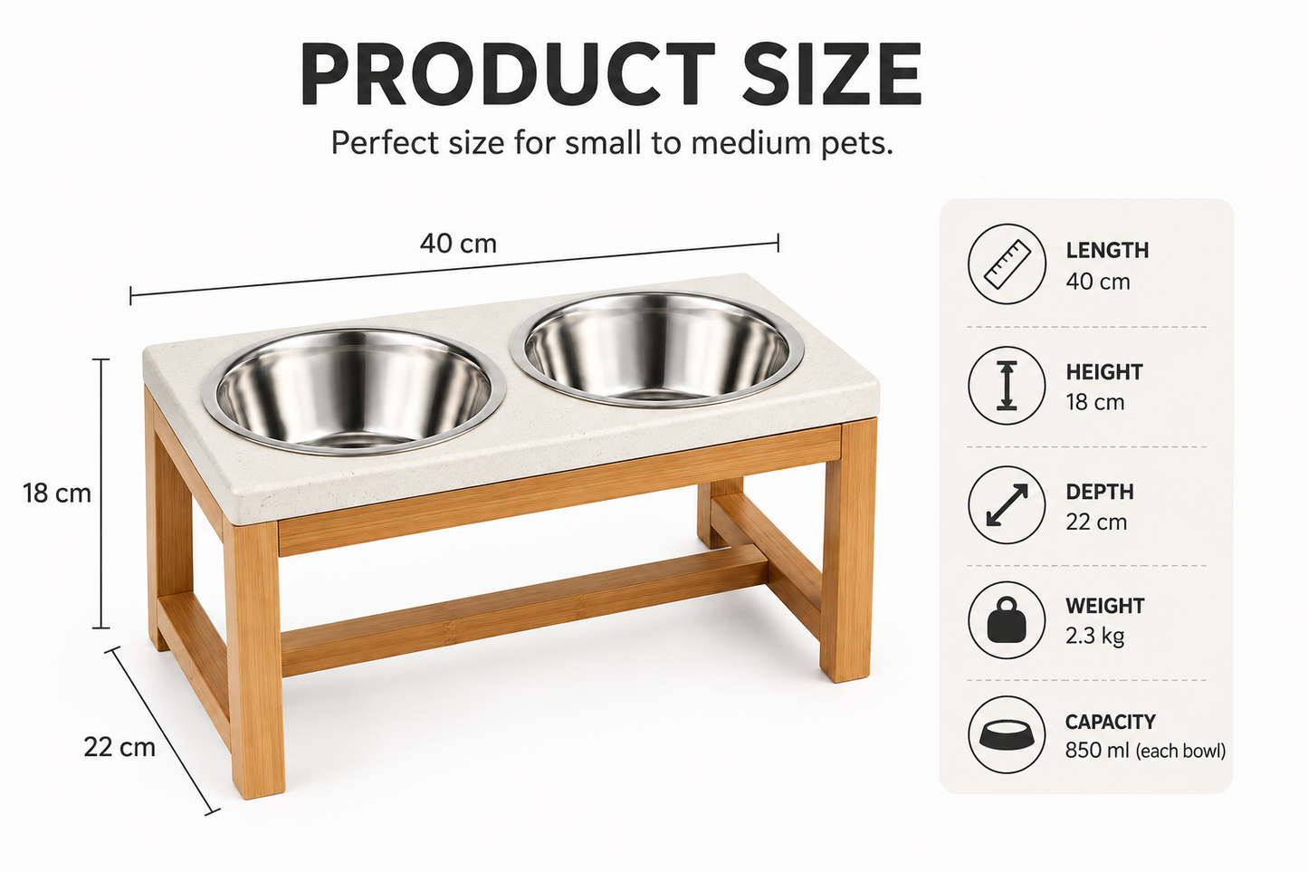 Wooden elevated pet feeder with two stainless steel bowls on a white background