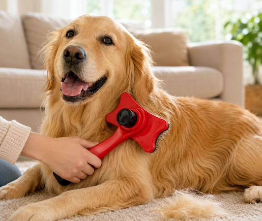 A happy golden retriever being groomed with a red brush indoors