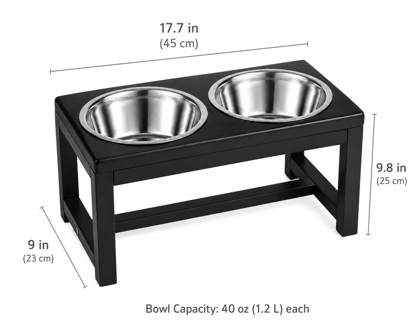 Black wooden dog feeding stand with two stainless steel bowls showing dimensions
