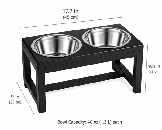 Black wooden dog feeding stand with two stainless steel bowls showing dimensions