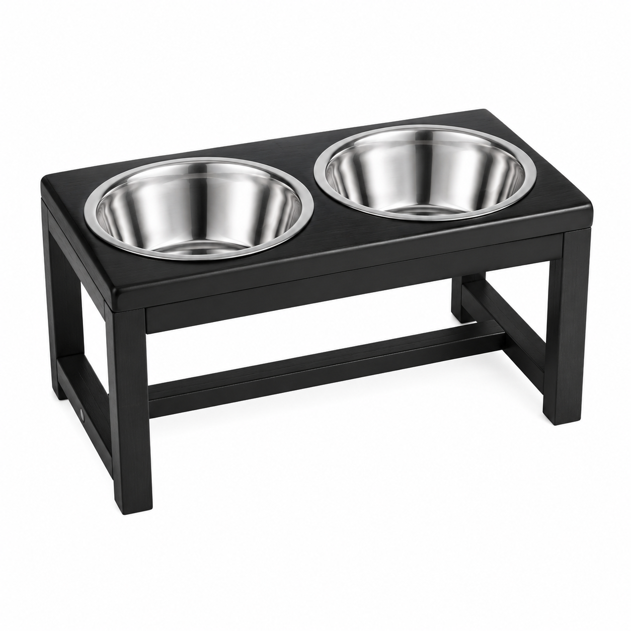Black wooden elevated pet feeder with two stainless steel bowls side by side