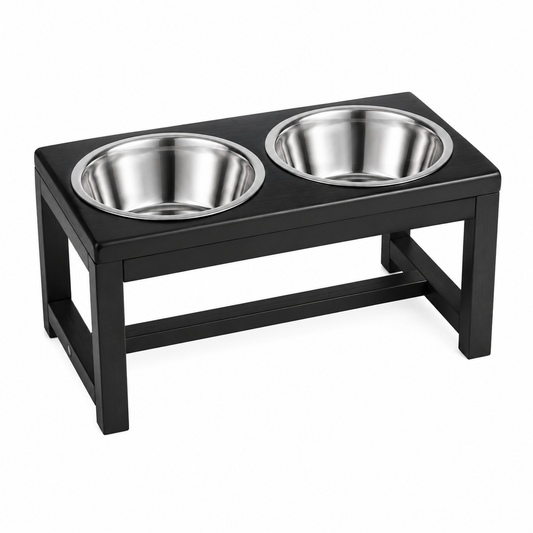 Black wooden elevated pet feeder with two stainless steel bowls side by side
