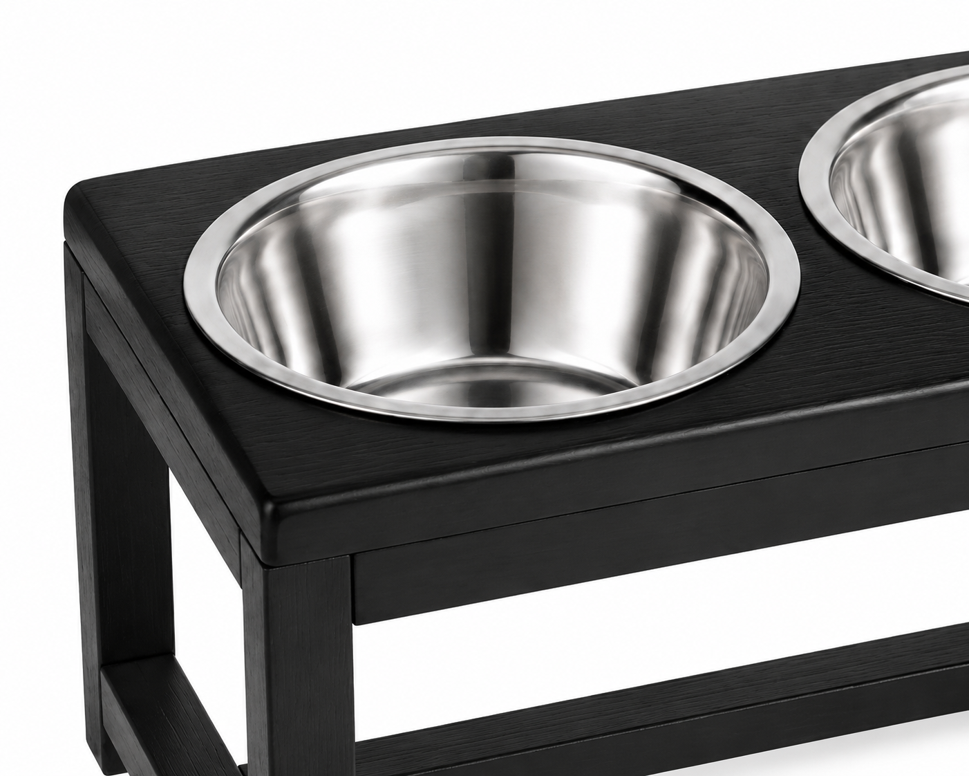 Black wooden elevated pet feeder with two stainless steel bowls