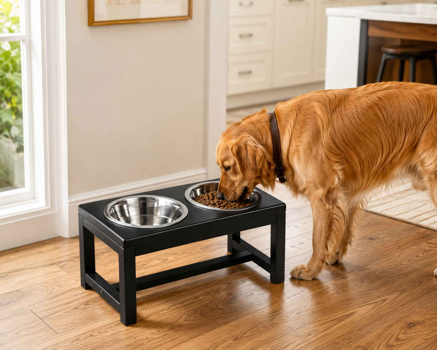 Golden retriever eating from a raised double bowl stand indoors near window