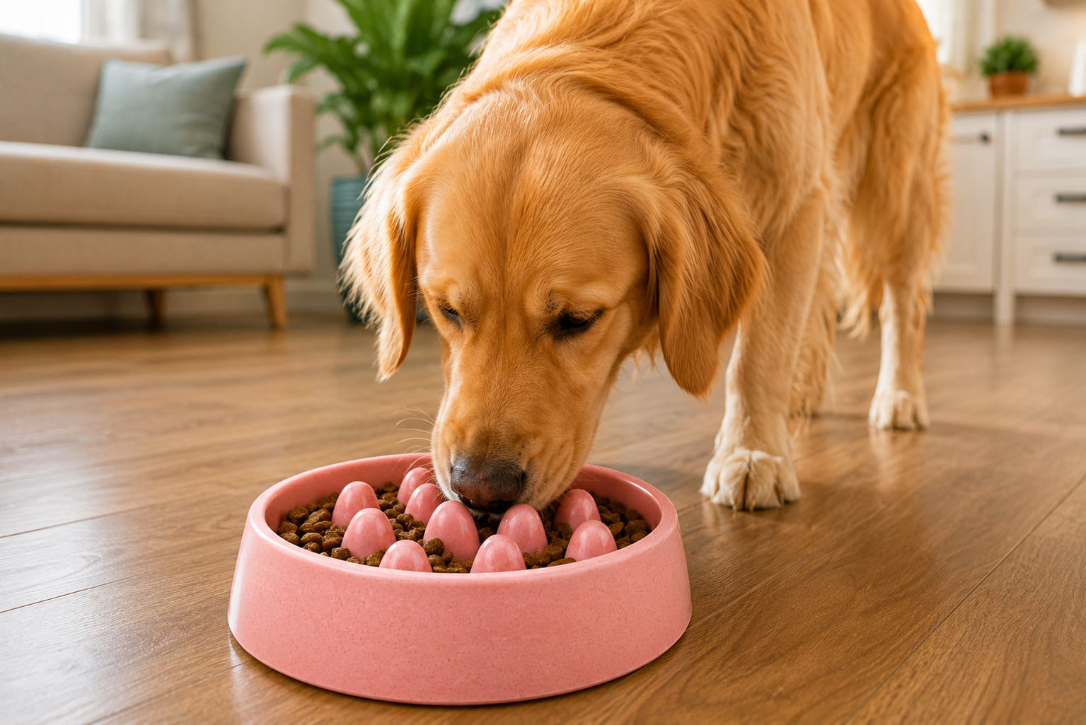 Golden Retriever eating from a pink bowl on wooden floor in cozy living room