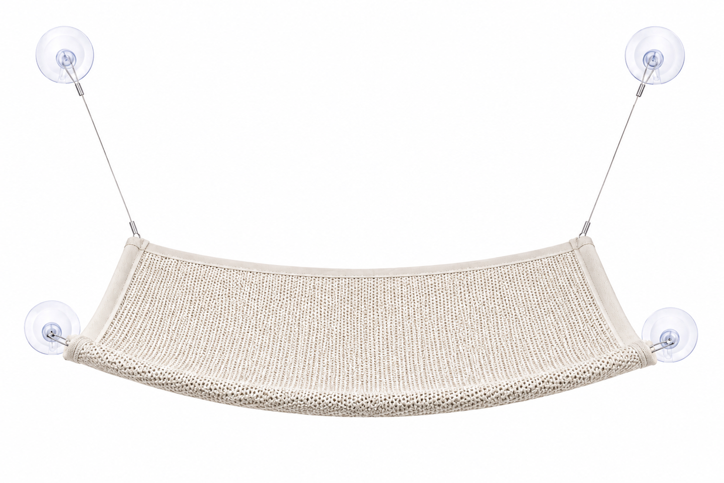 Beige hammock suspended by two suction cups against a white background
