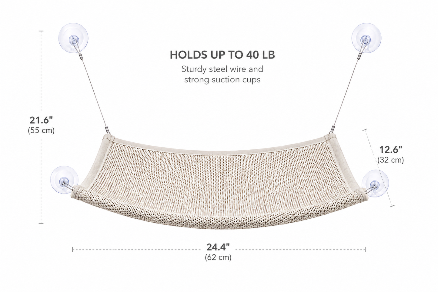 Beige mesh hammock with suction cups, dimensions labeled, holding up to 40