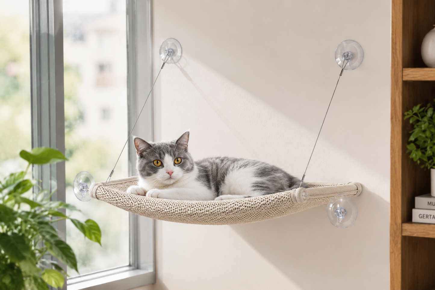 Gray and white cat resting on a wall-mounted hammock by a sunny window