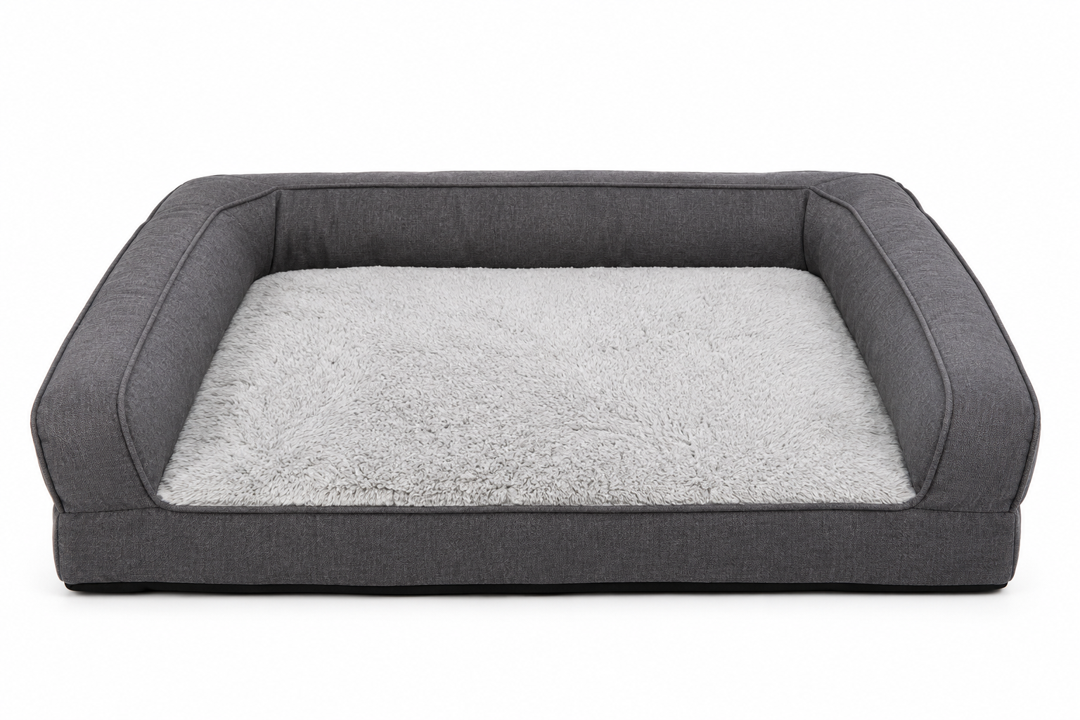 Elevated gray dog bed with plush interior lining and bolstered sides