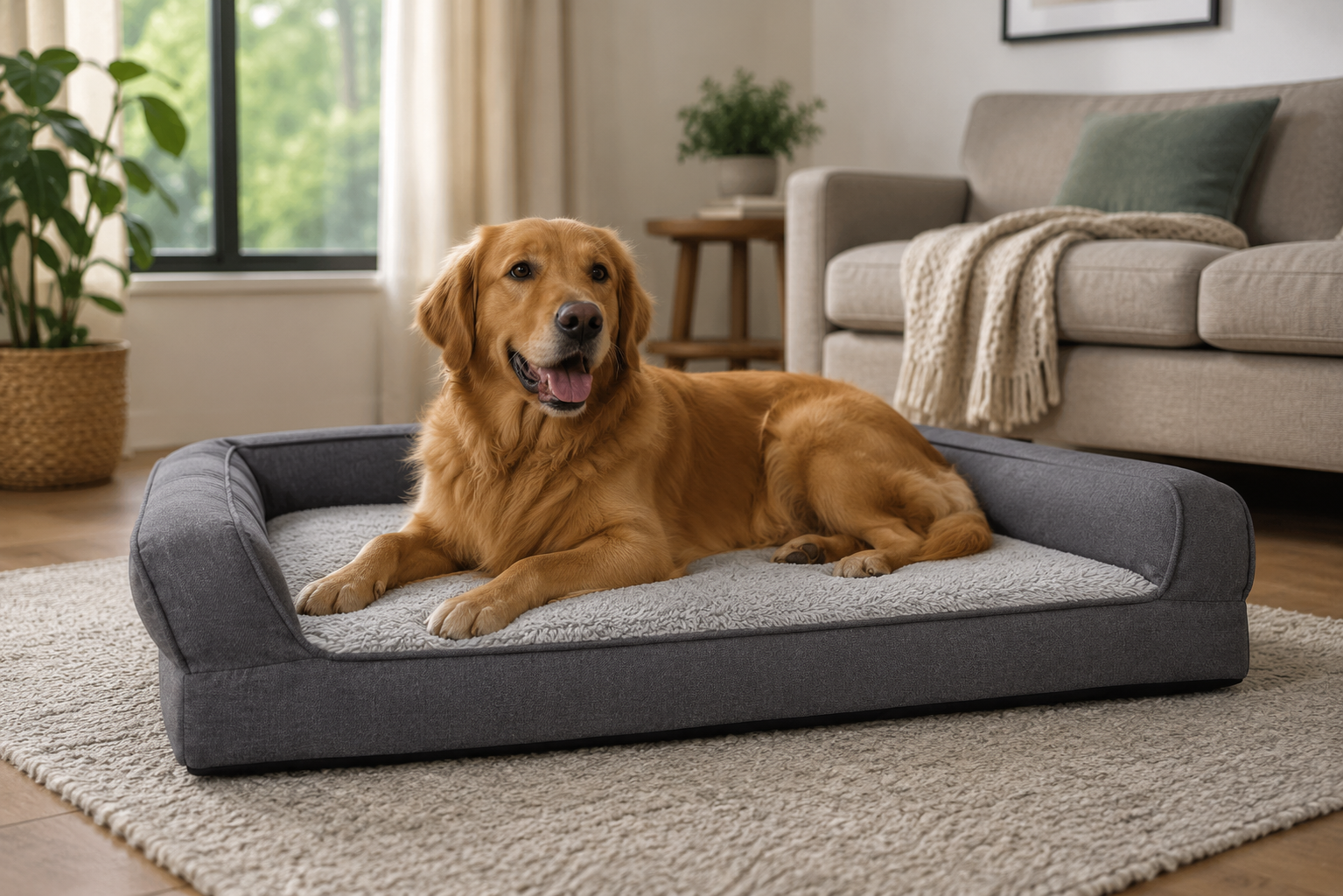 Golden Retriever resting on a gray bolster dog bed in a cozy living room