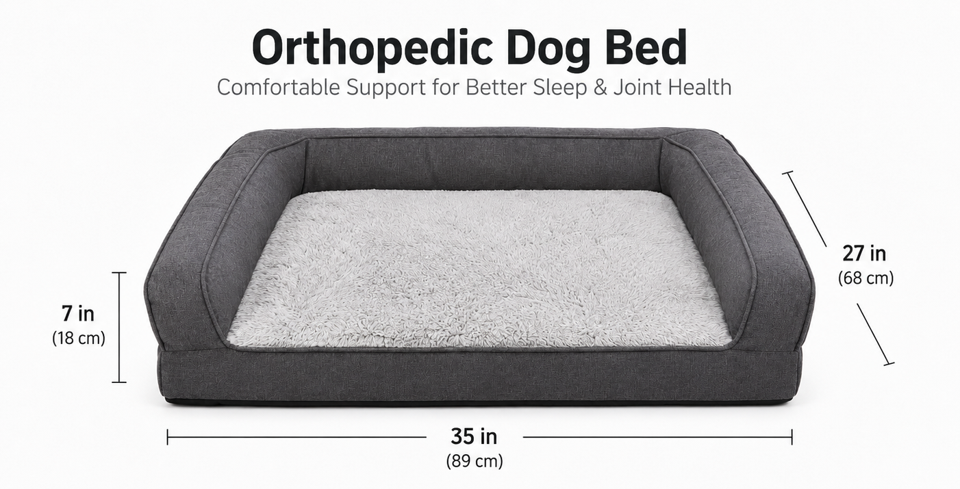 Orthopedic dog bed with dimensions labeled, featuring a gray cushion and black