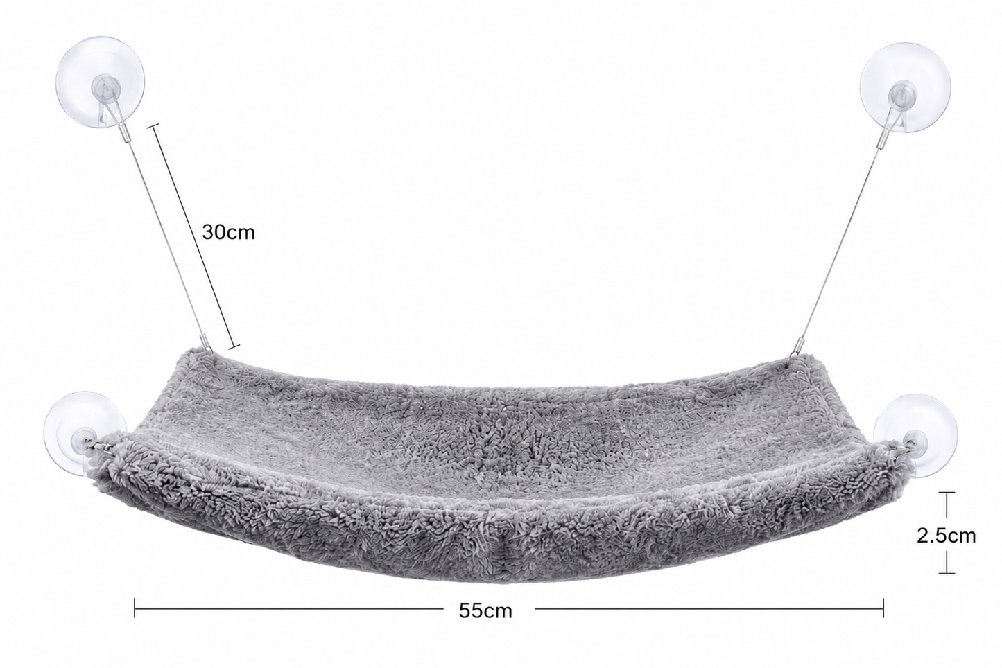 Gray fabric cat hammock with suction cups, dimensions labeled 30cm by 50cm