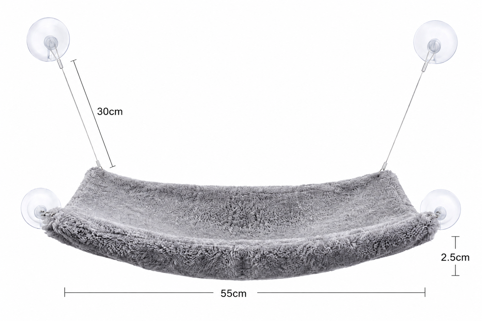 Gray fabric cat hammock with suction cups, dimensions labeled 30cm by 50cm