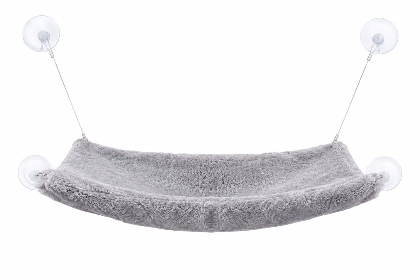 Gray fabric hammock suspended by two suction cups against a white background