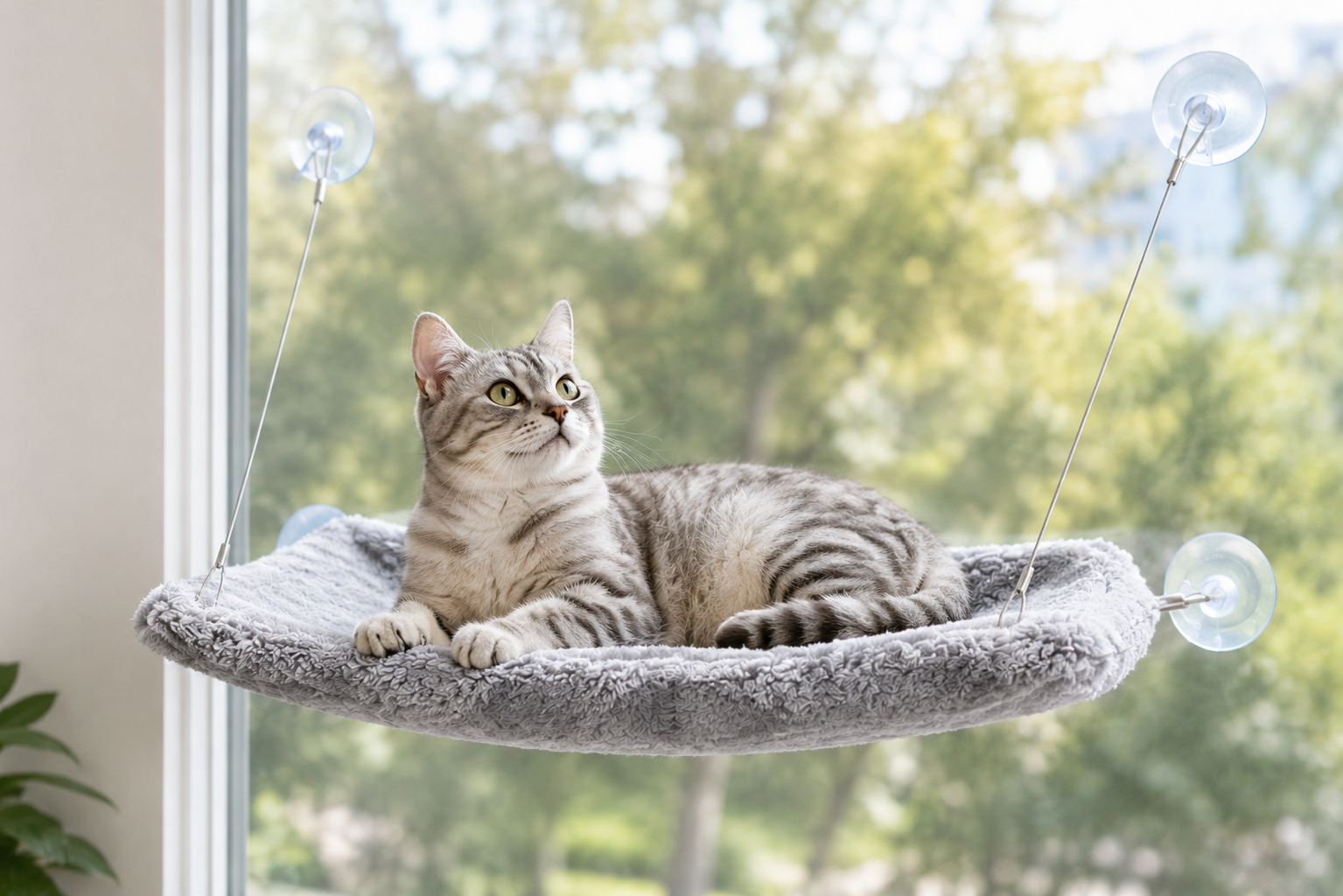 Tabby cat lounging in a window hammock with bubbles and greenery outside