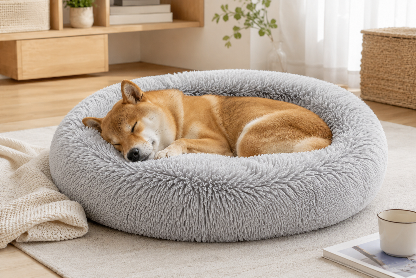 Brown and white dog sleeping comfortably on a fluffy bed in a cozy room