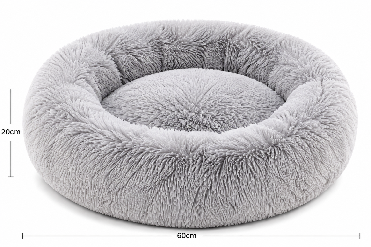 Plush gray round dog bed with high walls and a soft, fluffy interior