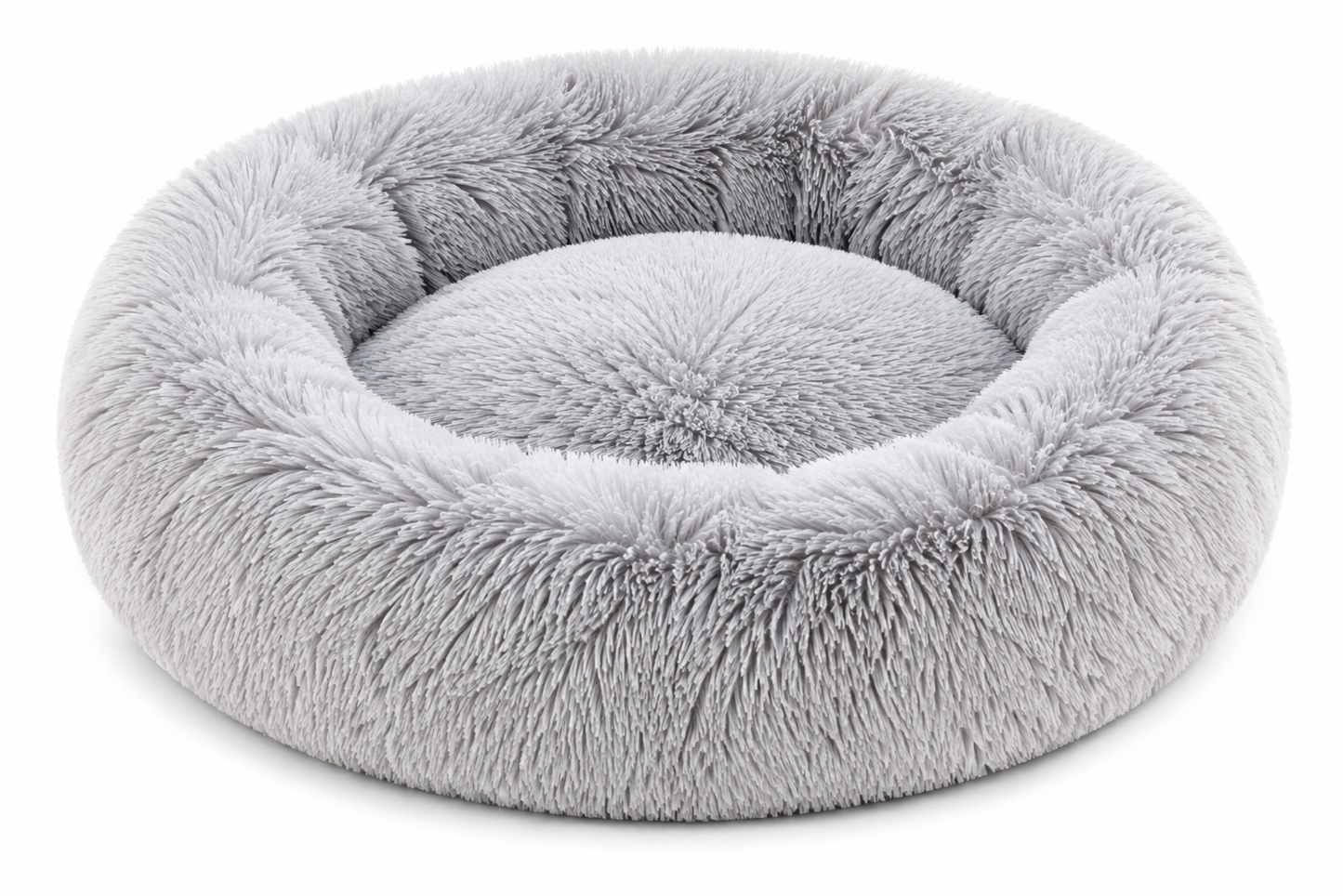 Round, fluffy, light gray pet bed with a soft, plush texture and high sides