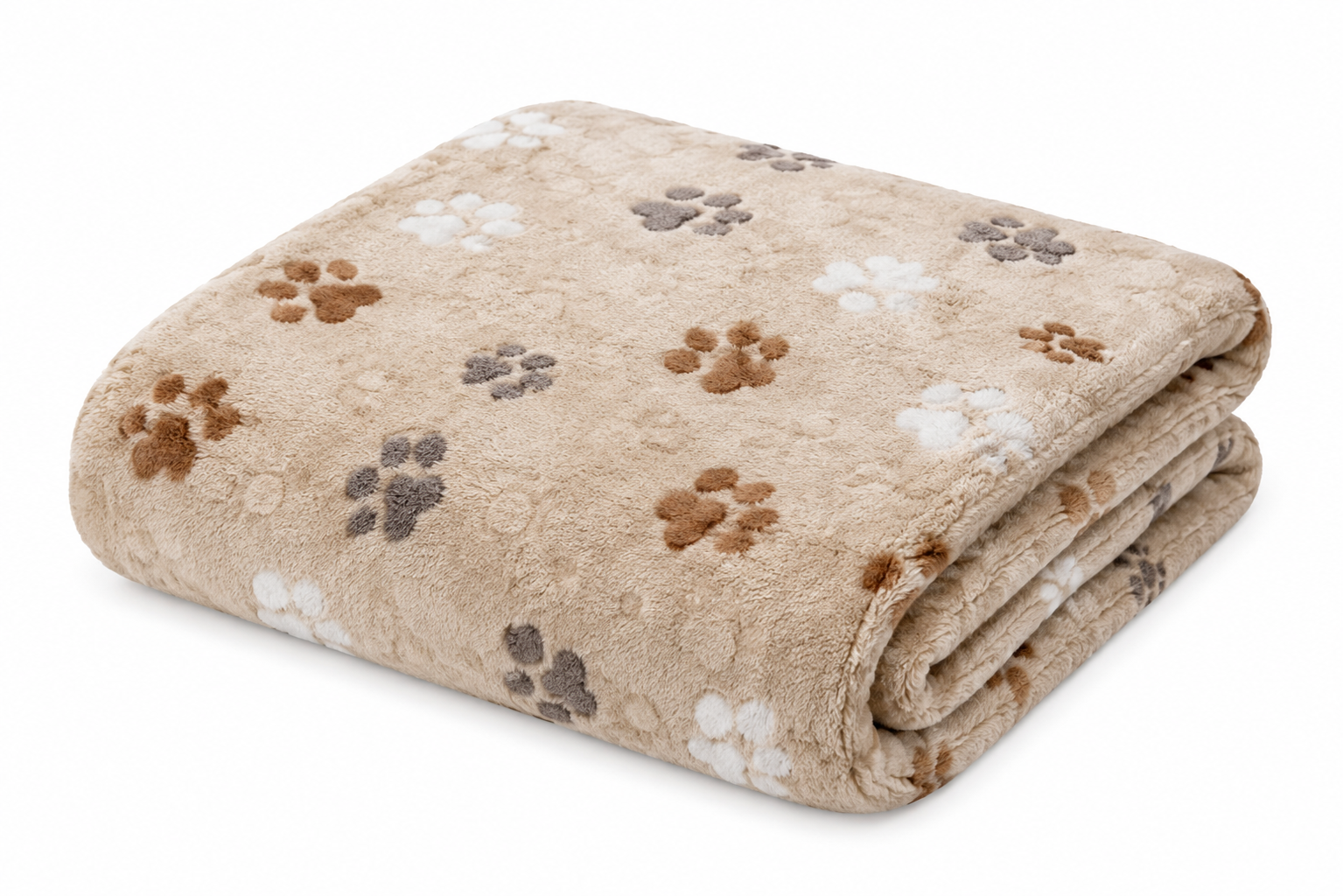 Beige blanket with folded edge featuring paw print pattern in various shades