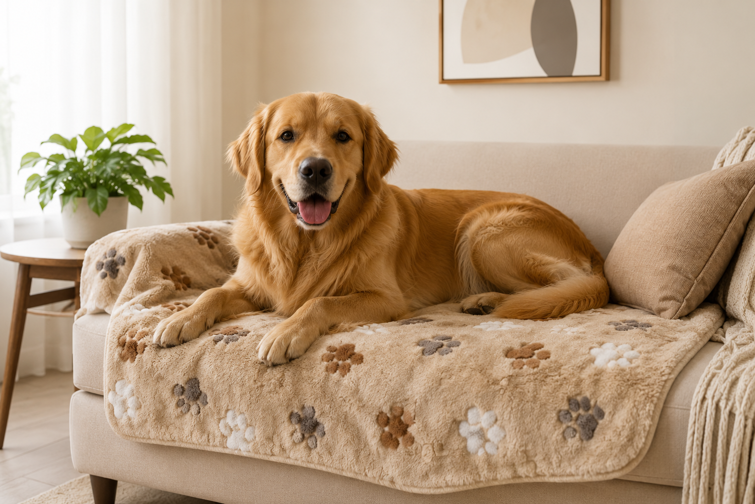 Golden Retriever lounging on a paw-print dog bed atop a beige sofa
