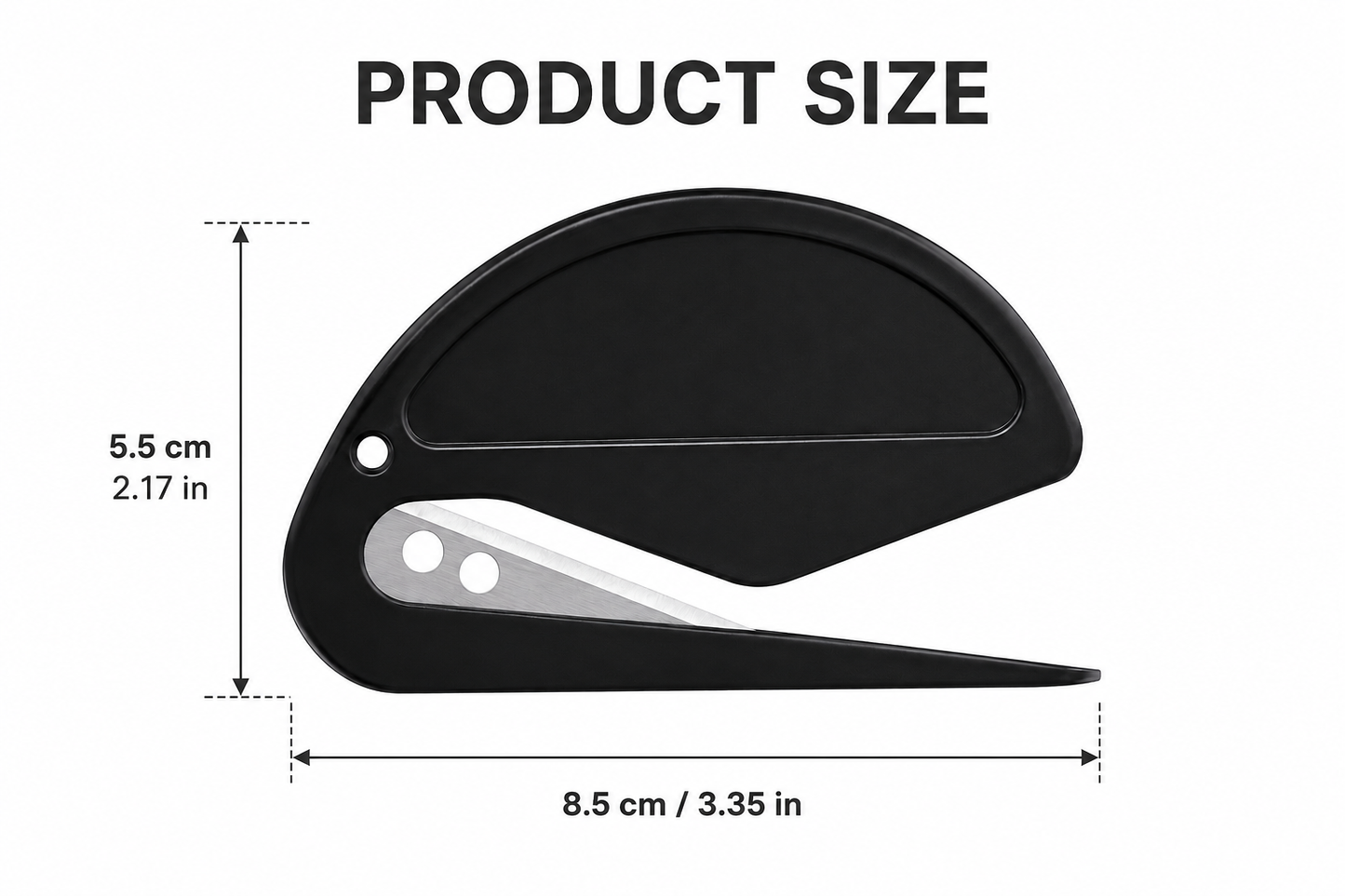 Black plastic finger guard with dimensions 8.8 cm by 5.5 cm on white background