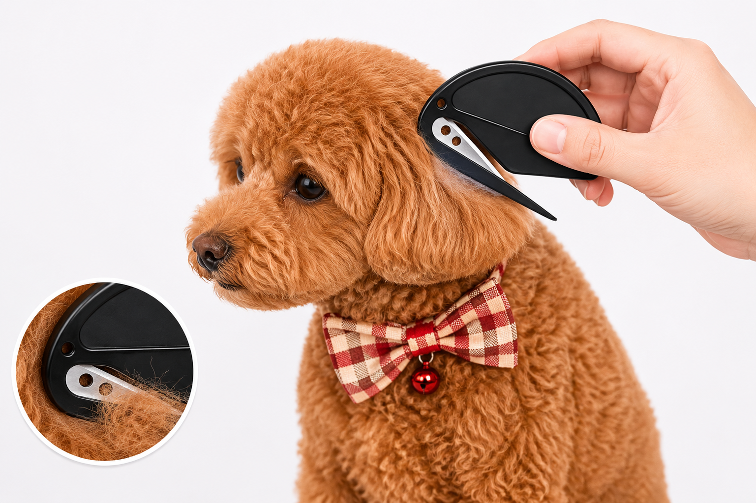 Small poodle wearing a bow tie being groomed with an electric trimmer