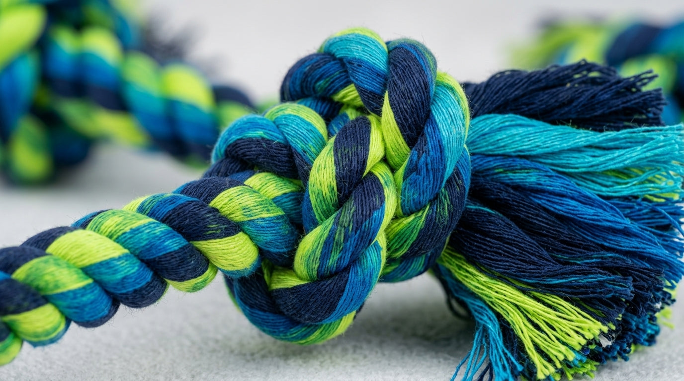 A tightly knotted, frayed, multicolored rope with blue, green, and black.