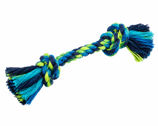 Colorful cotton rope dog toy with knotted ends and frayed tassels on white