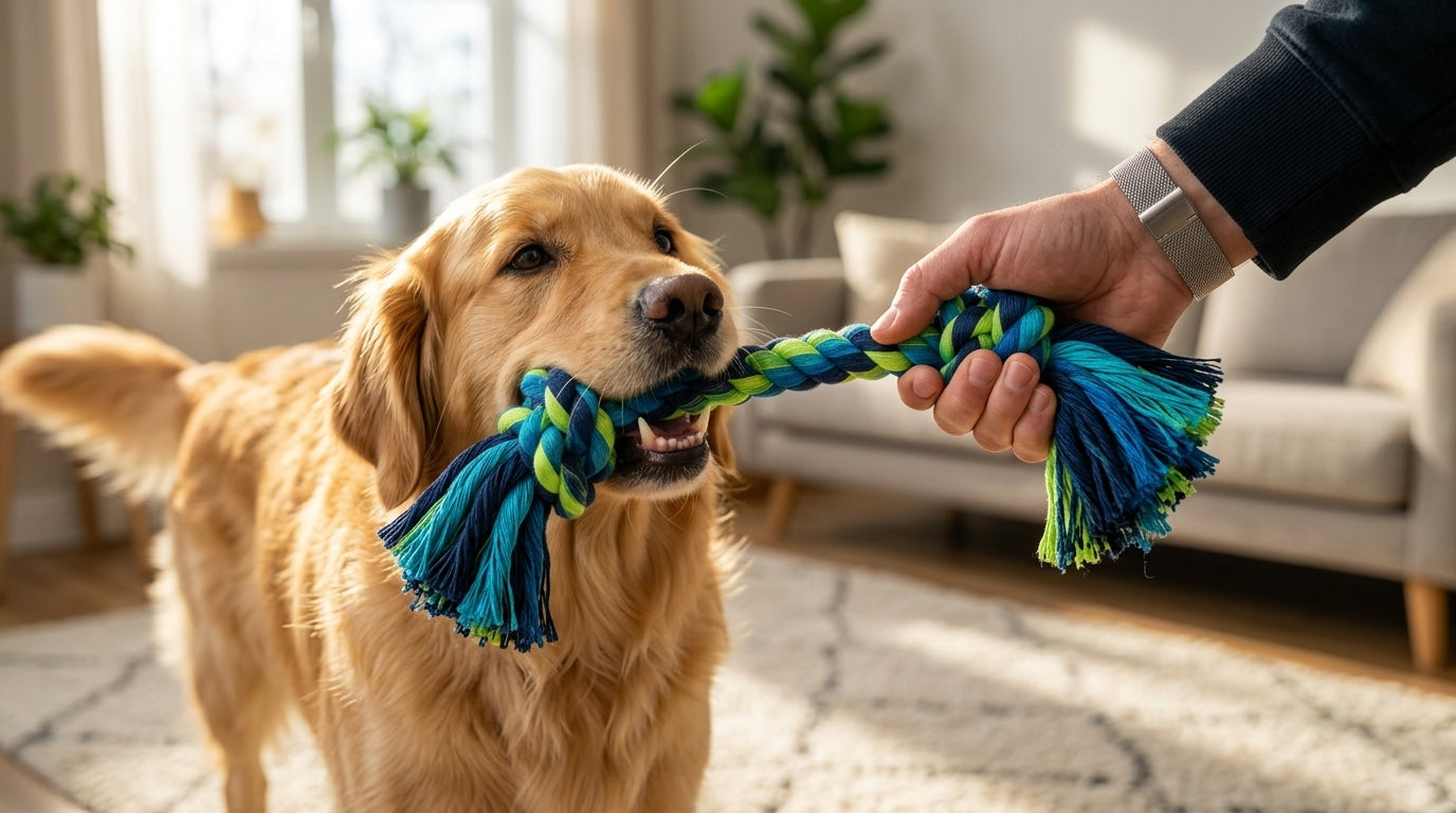 Golden Retriever playing with a colorful braided rope toy indoors.