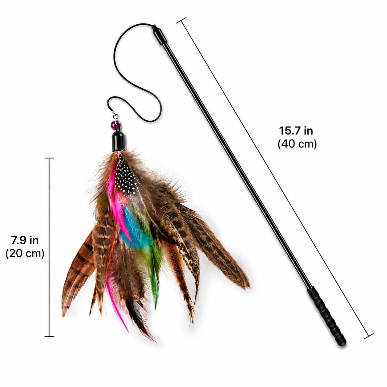 Black cat toy with colorful feathers and a 40 cm long stick