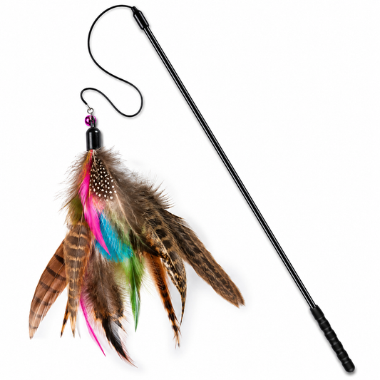 Colorful feathered cat toy with a long rod and string attachment
