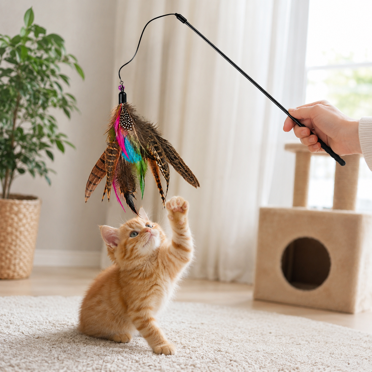 Playful kitten swats at colorful feather toy in cozy living room setting
