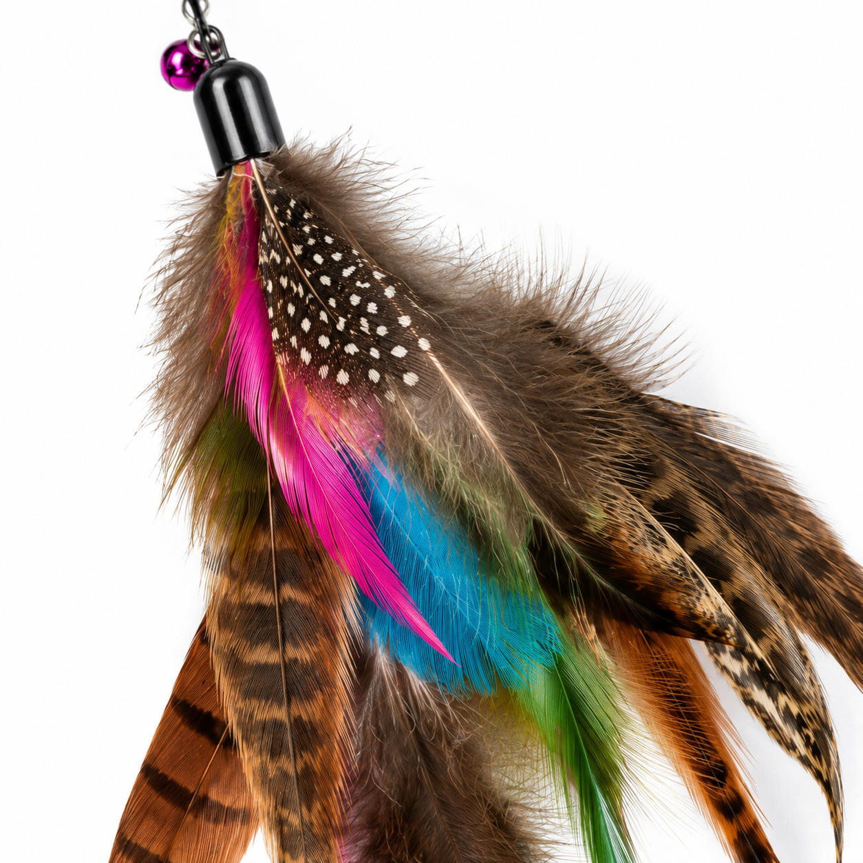 Vibrant feather lure with pink, turquoise, and brown plumage attached to