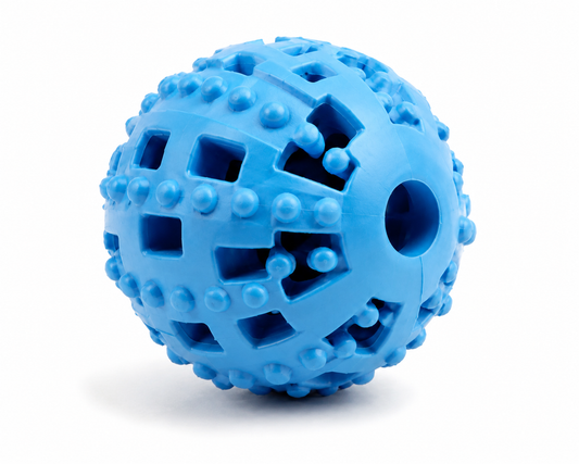 Bright blue textured spherical toy with intricate geometric cutouts and bumps