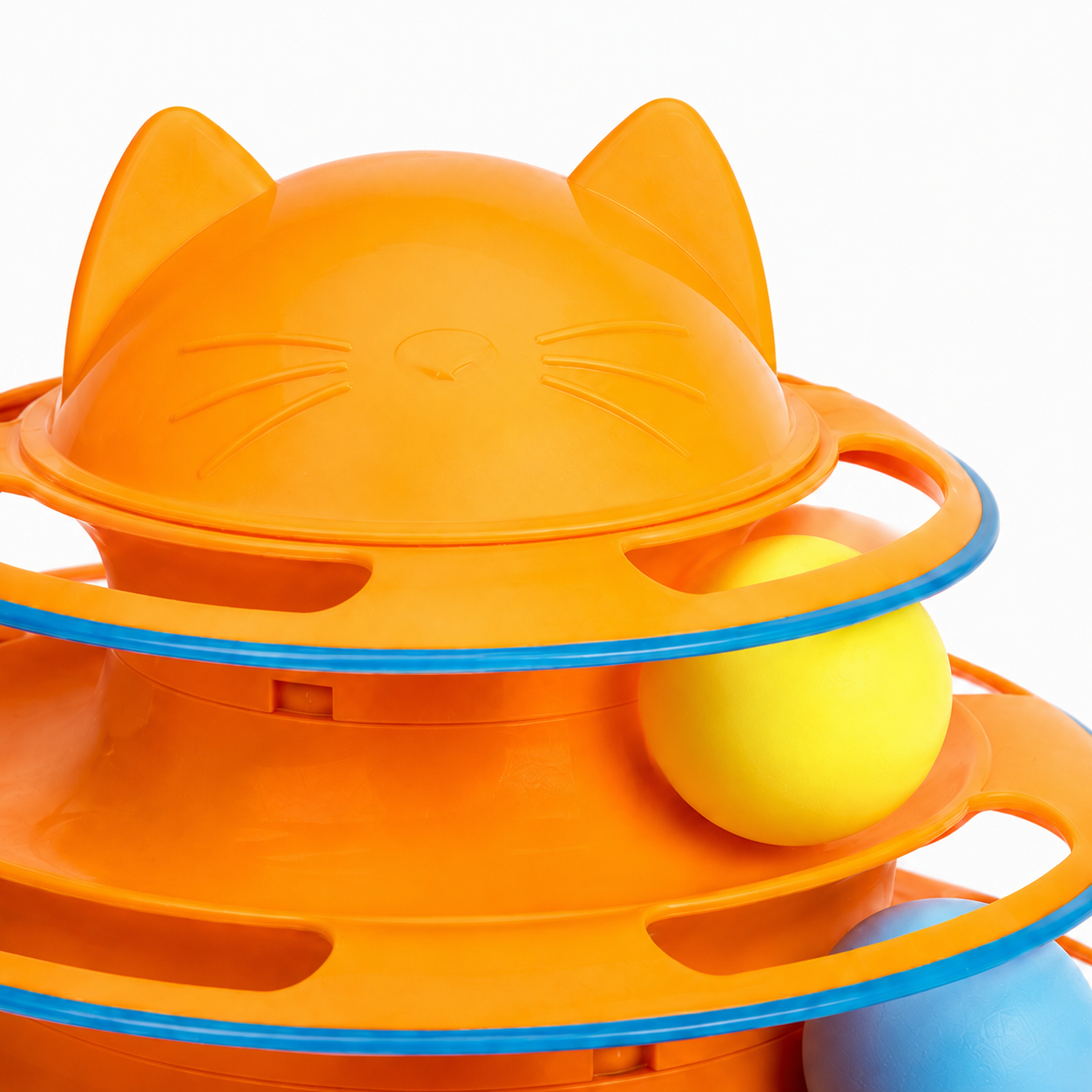 Bright orange cat-themed toy with multiple tiers and colorful balls