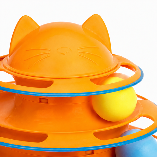 Bright orange cat-themed toy with multiple tiers and colorful balls