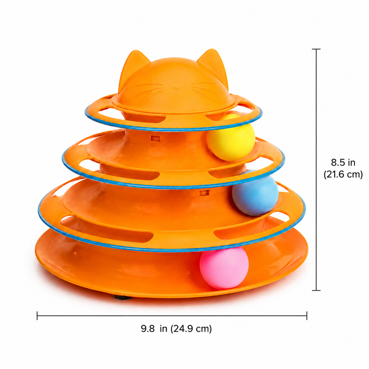 Orange cat-shaped toy with three circular tiers and colorful balls for pets