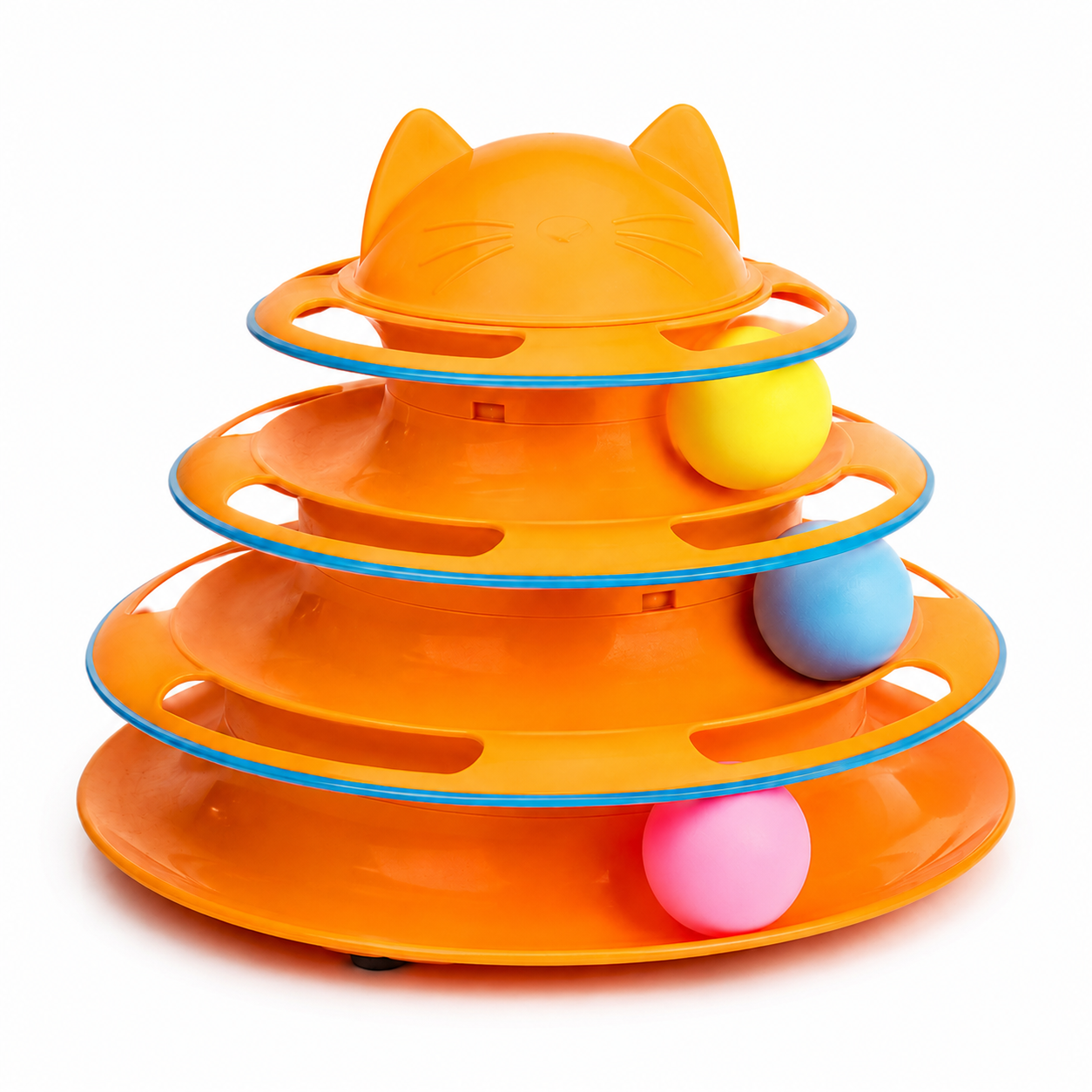 Orange cat-shaped toy with three circular tiers and colorful balls on a white