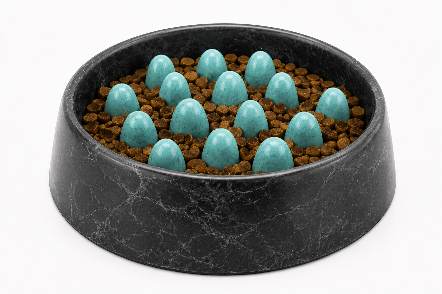 Black marble bowl filled with blue eggs and brown kibble on white surface