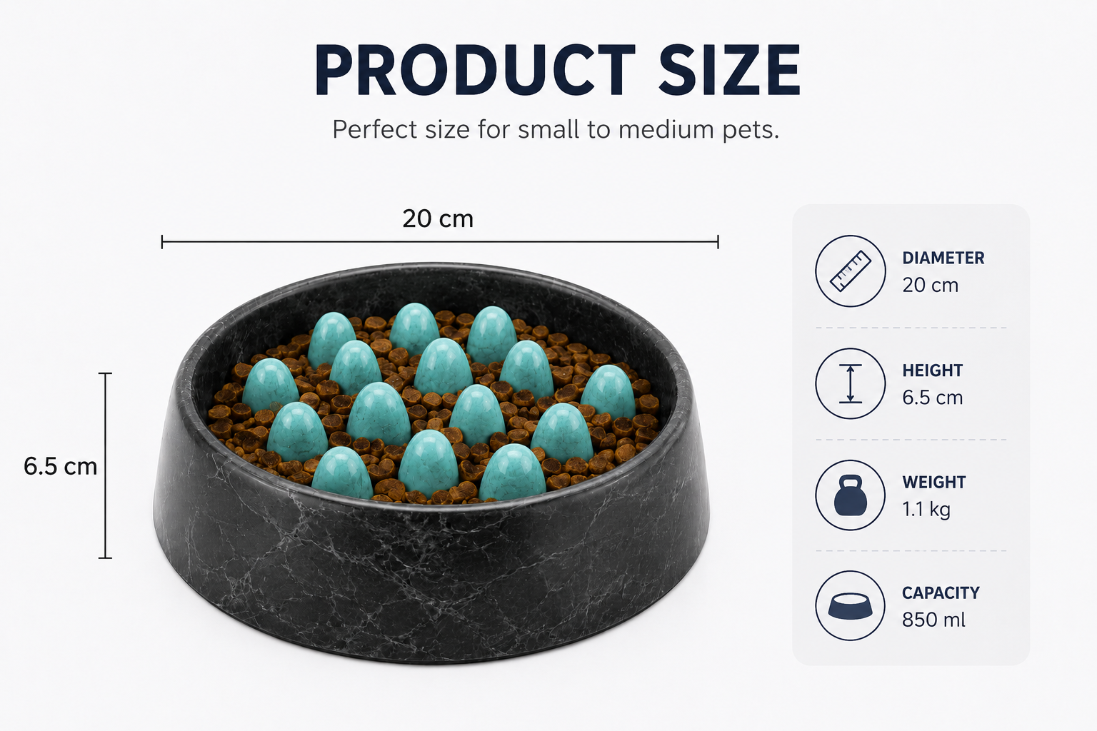 Black marble pet bowl with turquoise balls, size guide, and specifications