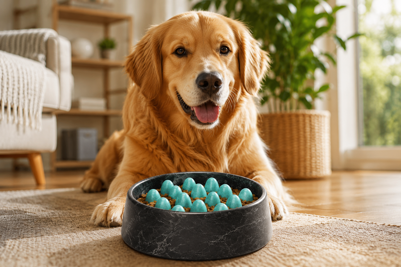 Golden Retriever sitting indoors beside a bowl filled with blue dog toys