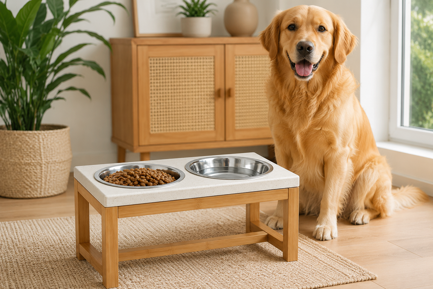 Golden Retriever sitting beside a raised double bowl feeder in a cozy room