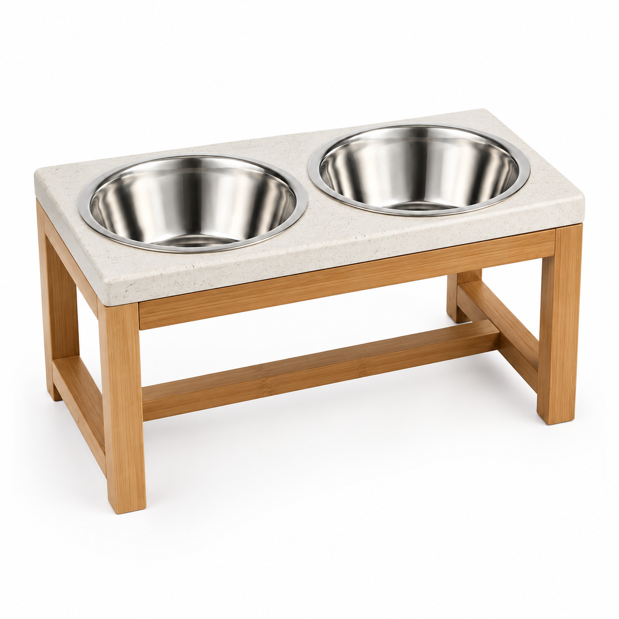 Light wood stand with two stainless steel bowls on top, modern pet feeder setup