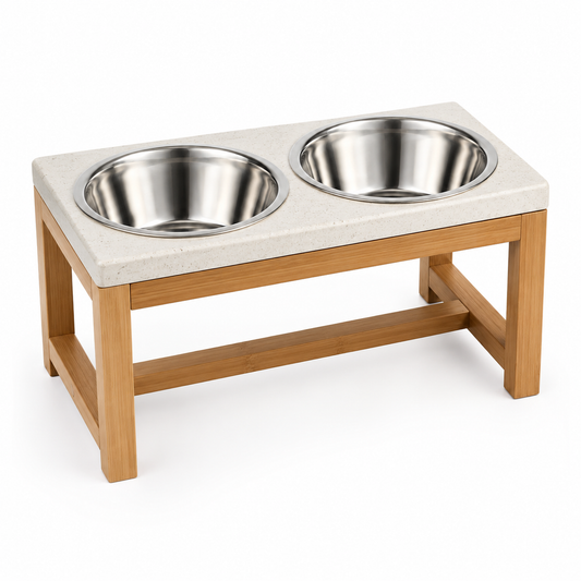 Light wood stand with two stainless steel bowls on top, modern pet feeder setup