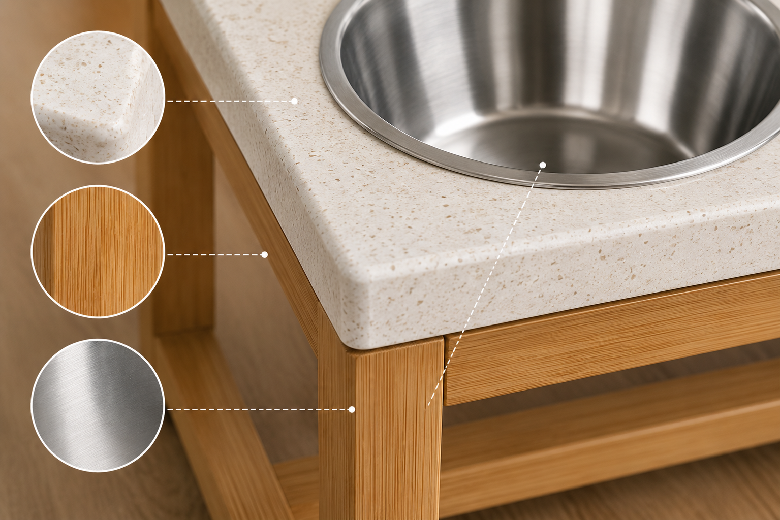 Stainless steel pet bowl on a light-colored wooden stand with inlaid samples